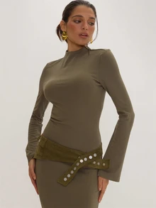 MUSEYN Khaki Jersey Long Sleeve Belt Detail Maxi Dress - Olive Green - View 5