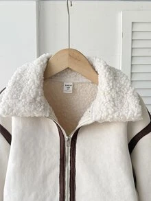 SHEIN 少女外套 秋/冬街頭風 PU複合保暖內裡加厚對比飾邊翻領機車夾克，適合秋冬日常穿著 - 米色 - 查看 6