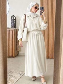 Solavon Women's White Shirt Top And Long Skirt 2 Pieces Set - Apricot - View 1