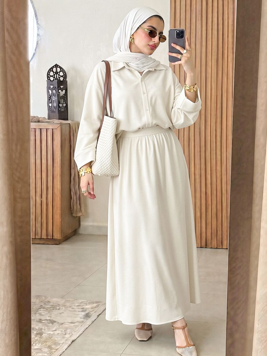 Solavon Women's White Shirt Top And Long Skirt 2 Pieces Set - Apricot - View 1