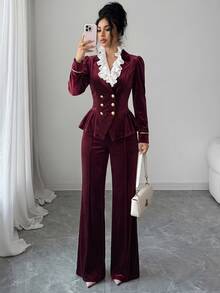 SHEIN Elenzya Women's Colorblock Pleated Long Sleeve Jacket And Pants Suit Set - Red - View 6