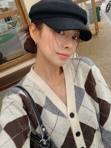 DAZY 女款配色格紋針織開襟外套 休閒優雅學院風復古街頭都市風 - 杏色 - 查看 6