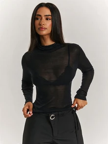 SHEIN BAE تي شيرت نسائي بلون موحد كاجوال يومي بأكمام طويلة - الأسود - مشاهدة 1