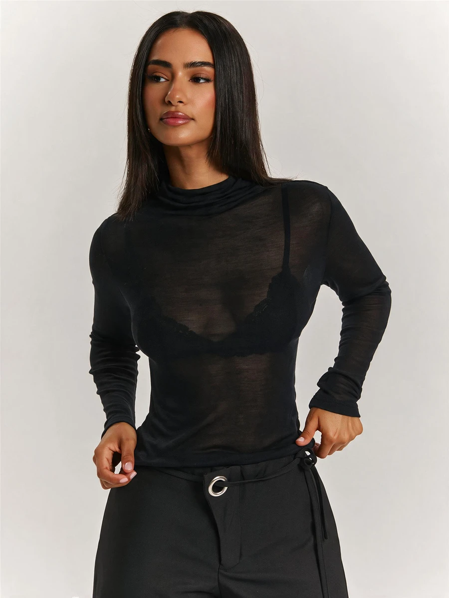 SHEIN BAE تي شيرت نسائي بلون موحد كاجوال يومي بأكمام طويلة - الأسود - مشاهدة 1