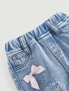 Celana Jeans Longgar Denim Biru Sobek dengan Hiasan Pita Merah Muda & Merah Lucu untuk Bayi Perempuan, Cocok untuk Sehari-hari & Streetwear, Gaya Y2K Chic Musim Gugur/Dingin - Biru - View 4
