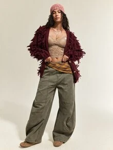 SoleilVie Women's Solid Color Tassel Design Casual Knit Cardigan - Burgundy - View 4