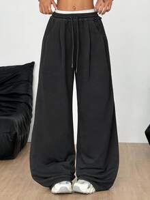 Coolane Plus Size Women's Drawstring Waist Pocket Wide Leg Loose Casual Long Pants Fall - Dark Grey - View 6