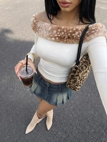 Sweetina Sexy Casual Knit Leopard Print Fur Collar Shoulder Top - Apricot - View 1
