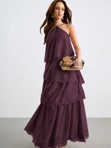 Willow Rêve Gaun Maxi Tencel Wanita dengan Tali Leher dan Hiasan Renda Bertingkat, Gaun Liburan Elegan - Purple - View 7