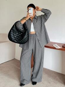 Dazy Plus Fun Commuter Office Casual Striped Loose Fit Spring/Autumn New 2 Pieces Set - Grey - View 7