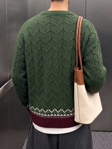 Manfinity Hypemode 男士圓領長袖套頭毛衣，休閒針織秋冬服飾，綠色聖誕風熊刺繡套頭毛衣情侶款 - 綠色 - 查看 2