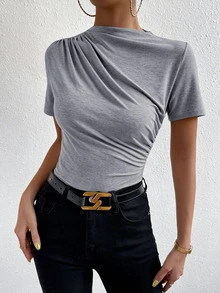 Allurite Stand Collar Short Sleeve Pleated Solid Color T-Shirt - Grey - View 4