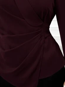 Modelyn Plus Size Women's Solid Color Overlap V-Neck Long Sleeve Ruched Asymmetrical Hem Blouse - Burgundy - View 3