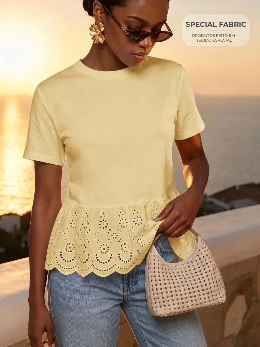 CAJUNI Women's Sweet Lace Patchwork Short Sleeve T-Shirt For Vacation - Pale Yellow - View 1