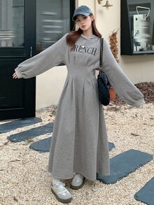 DAZY Women's Letter Print Long Sleeve Cinched Waist Ruched Hem Casual Hooded Sweatshirt Dress - Grey - View 2