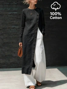 SHEIN Blus Wanita Lengan Panjang dengan Kerah Bulat dan Belahan Depan serta Kancing - Hitam - View 4