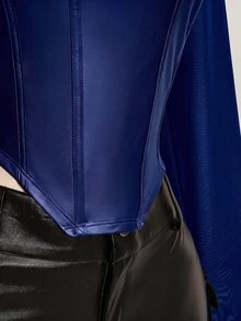 SHEIN ICON 女款大尺碼秋冬皮革拼接網布黑色修身T恤 - 寶藍色 - 查看 9