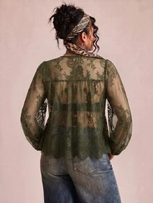 Freevana 女款蕾絲貝殼鈕扣透視襯衫，大尺碼寬鬆優雅休閒日常街頭外出通勤度假春夏女裝大尺碼襯衫 - 軍綠色 - 查看 2