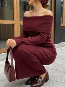 Strévra Women's 2pcs Set: Burgundy Round Neck Long Sleeve Knit Sweater & High Waist Slim Fit Ribbed Knit Pants, Autumn/Winter - Burgundy - View 4