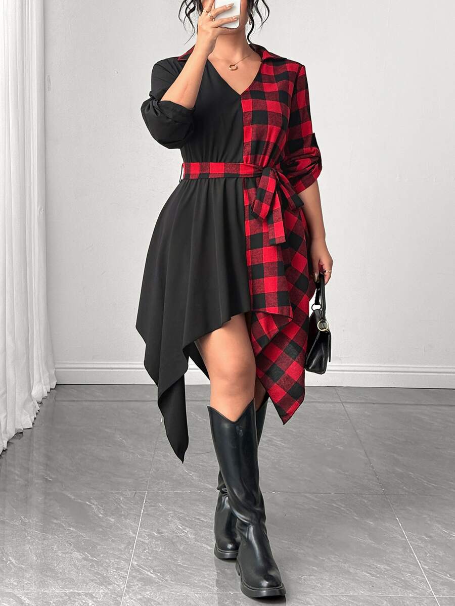 Rometta Plus Size Women's Color Block Plaid Asymmetrical Hem Casual Dress - متعدد الألوان - مشاهدة 1