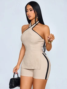 SOLERSUN Tall Elegant Black And Brown Halter Neck Slit Top And Fitted Shorts Textured Casual Set - Apricot - View 10