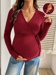 SHEIN 女款 V 領長袖極簡哺乳上衣 - 酒紅色 - 查看 1