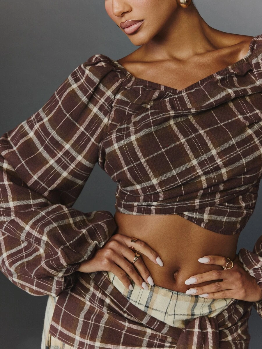 NYA SZN Women's Cross One-Shoulder Plaid Pattern Short Top, Urban Renaissance Street Style Casual Fashion Creative Personalized Streetwear - Coffee Brown - View 1