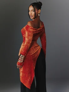 NYA SZN Women's Solid Color One Shoulder Long Sleeve Ruched Asymmetric Hem Fashion Top - Orange - View 2