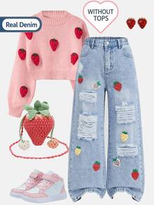 SHEIN Genkimix Kids 女童牛仔長褲 全季新款 Y2K 風格 復古淺藍色 鬆緊腰頭＋草莓印花設計 破洞磨損毛邊 雪花洗水 - 淺色水洗藍 - 查看 1