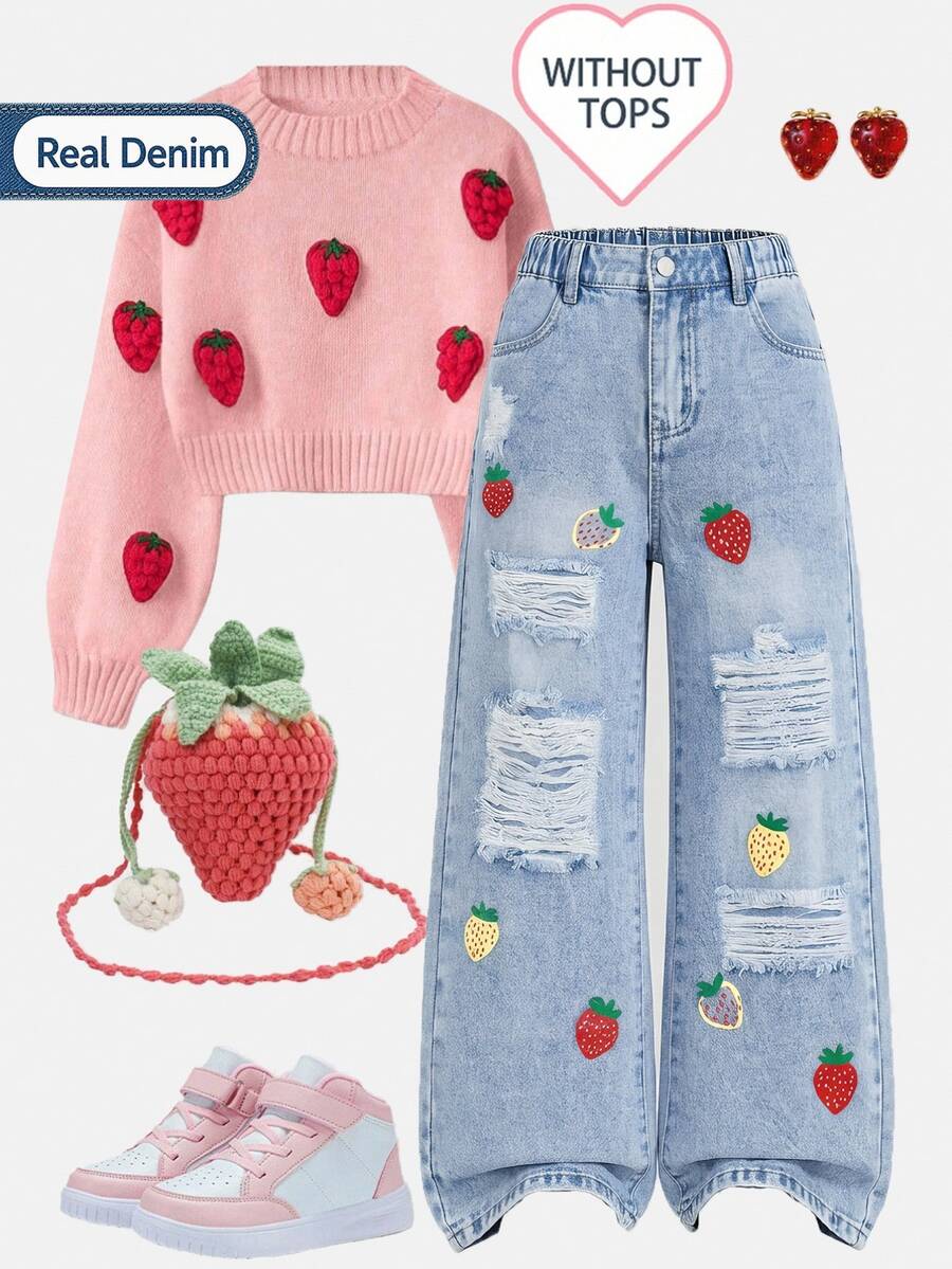 SHEIN Genkimix Kids 女童牛仔長褲 全季新款 Y2K 風格 復古淺藍色 鬆緊腰頭+草莓印花設計 破洞磨損毛邊 雪花洗水 - 淺色水洗藍 - 查看 1
