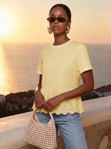 CAJUNI Women's Sweet Lace Patchwork Short Sleeve T-Shirt For Vacation - Pale Yellow - View 7