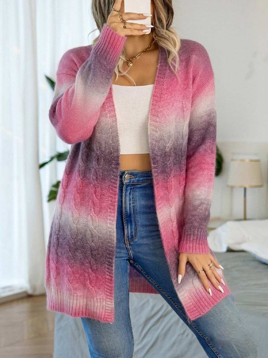 Vionelle Plus Size Women's Gradient Color Cable Knit Long Sleeve Cardigan - Purple - View 1