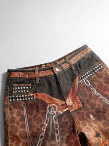ROMWE MEN Street Life Casual Fashion Leopard Print Metal Chain Decor Versatile Men's Denim Jeans - Brown - View 3