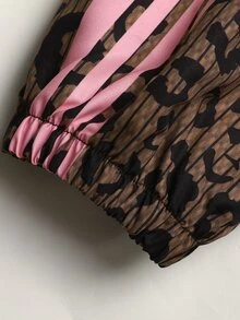 SHEIN 青少年女孩豹紋與條紋圖案長袖拉鍊休閒連帽夾克 - 棕色 - 查看 10