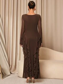 MaterniChic Maternity Solid Color Ruffle Hem Casual Party Dress - Coffee - View 2