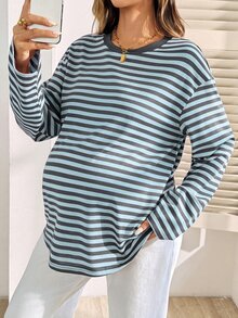 Lyckli 孕婦極簡條紋拼色長袖休閒T恤 - 藍色 - 查看 4