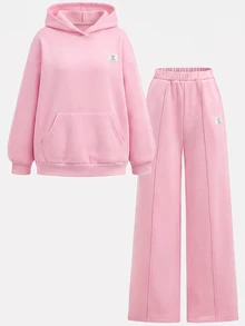 SHEIN Girlism 2件組青少年女孩純色棕色冬季休閒度假返校復古寬鬆圖案秋季連帽衛衣與運動長褲保暖運動套裝 - 粉色 - 查看 10