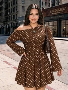 SHEIN ICON Plus Size Y2K Polka Dot Print Long Sleeve Dress - Vintage Casual Slim Fit, Suitable For Spring And Autumn - Brown - View 5