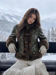 SHEIN ICON Women's Fashion Faux Fur Long Sleeve Jacket With Horn Button Placket - Army Green - View 5