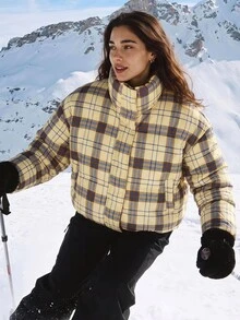 Exploreva Striped Plaid Stand Collar Long Sleeve Color Block Outdoor Padded Coat - Multicolor - View 1