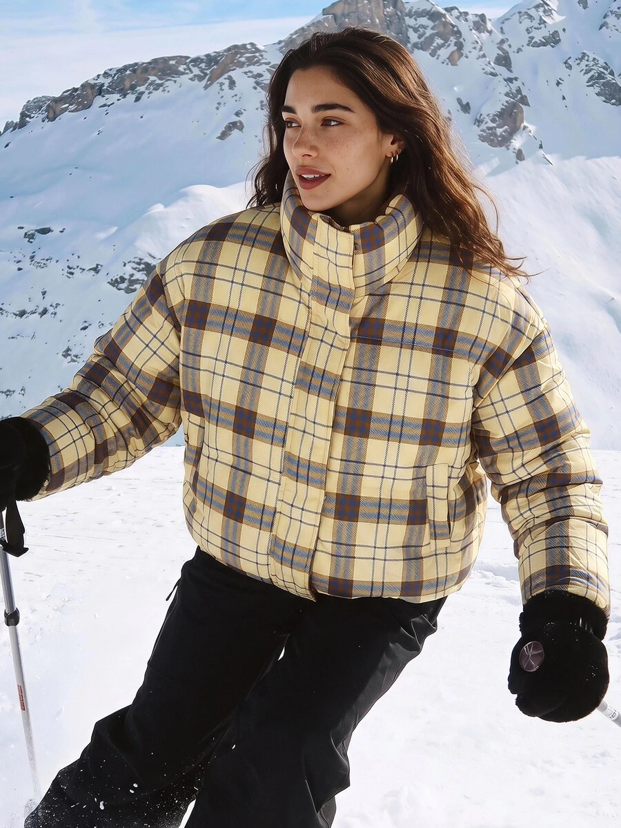 Exploreva Striped Plaid Stand Collar Long Sleeve Color Block Outdoor Padded Coat - Multicolor - View 1