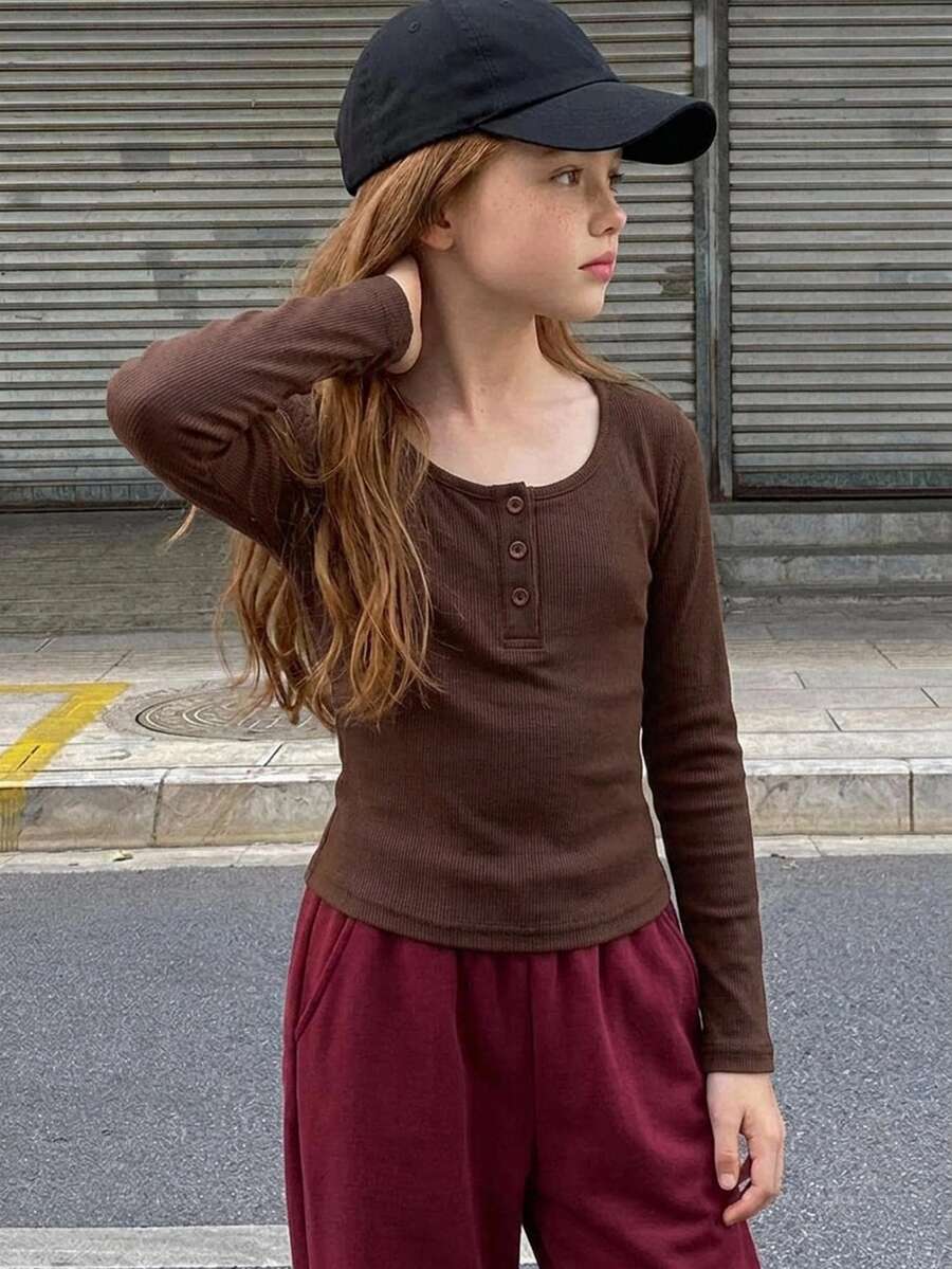 DAZY Tween女孩棕色修身長袖半鈕扣前襟內搭圓領T恤,秋季 - 棕色 - 查看 1