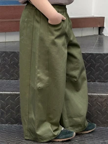 Dazy Kids 小男孩純色寬腿鬆垮休閒百搭長褲 - 軍綠色 - 查看 6