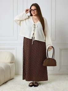 SHEIN CURVE+ Plus Size Women Solid Color Front Tie Long Sleeve Top And Polka Dot Pattern Dress Casual 2 Pieces Set - Multicolor - View 8