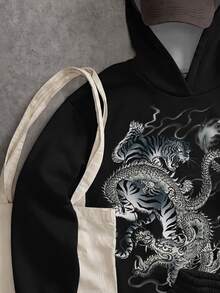 Attitoon 黑色休閒極簡印花連帽長袖寬鬆加厚女款運動衫，龍虎中式圖案，街頭酷感高端簡約機車工裝風，時尚Y2K學院風返校校園穿搭社團服飾青年休閒風 - 黑色 - 查看 2