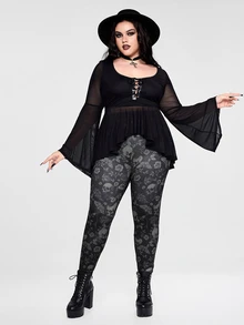 ROMWE Quần legging ôm dáng size lớn in toàn thân họa tiết đầu lâu xanh Gothic và cây cối - màu đen - Xem 6