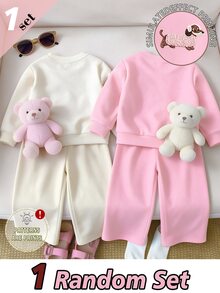 Baby Girls Cartoon Dog Embroidered Sweatshirt & Wide Leg Pants Set, Pink Stripe Detail (1 Set) Fall Winter - Multicolor - View 2