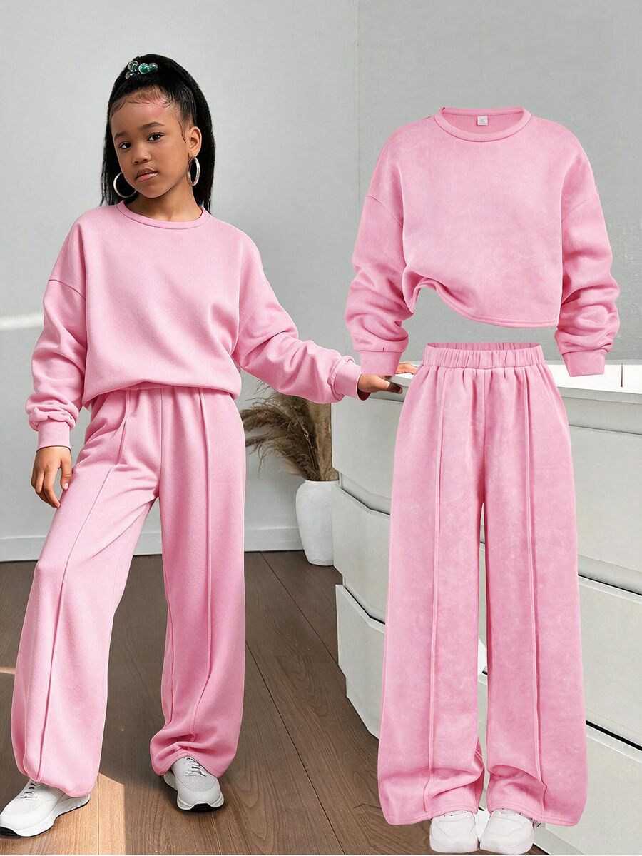 SHEIN Tween女孩秋冬休閒街頭風雪花印花寬鬆圓領長袖套頭衛衣與百褶寬腿運動褲套裝,2件套,咖啡棕色 - 粉色 - 查看 1