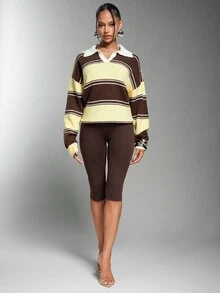 Denimoi Sweater Rajut Kerah Polo Bergaris Blok Warna untuk Wanita, Pullover Wol Lembut Kasual Longgar - MultiWarna - View 2