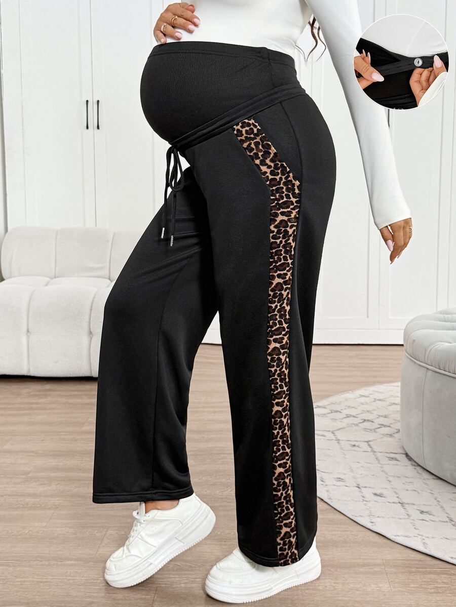 SHEIN Maternity Leopard Print Colorblock Adjustable Waist Casual Everyday Sweatpants - Grey - View 1